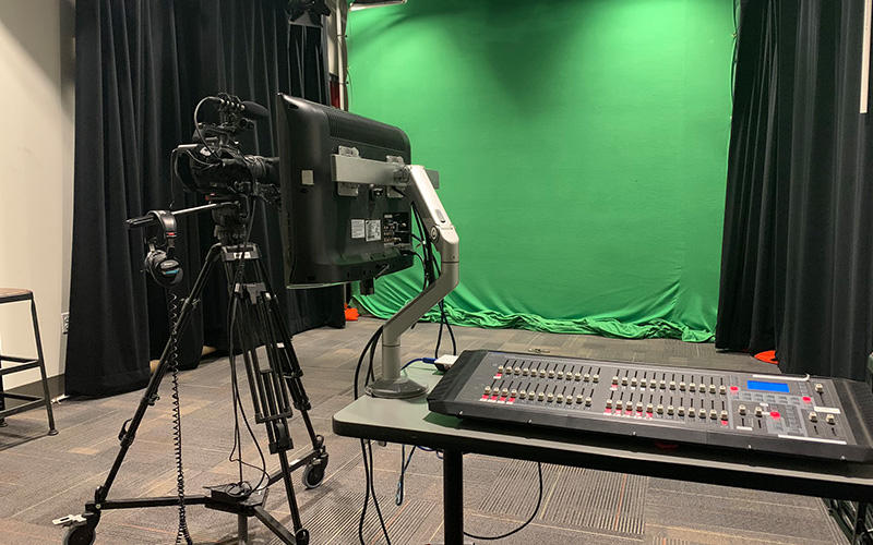 A picture from the desk in the video studio in Innovative Media of Cabell Library.