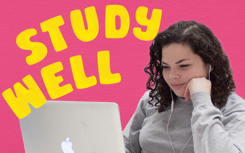 A young woman with headphones on a laptop in front of a pink background and text that reads 