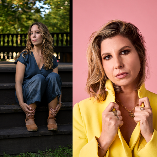 the image shows side by side headshots of two women the one on the left is wearing a jean jumpsuit and sitting on concrete steps, the one on the right is wearing a bright yellow collard shirt and looking at the camera