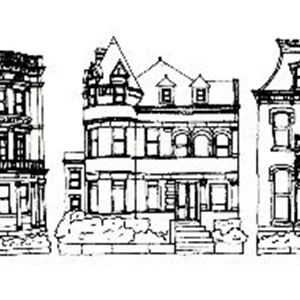 a black and white drawing of a three story residential building with some landscaping out in front