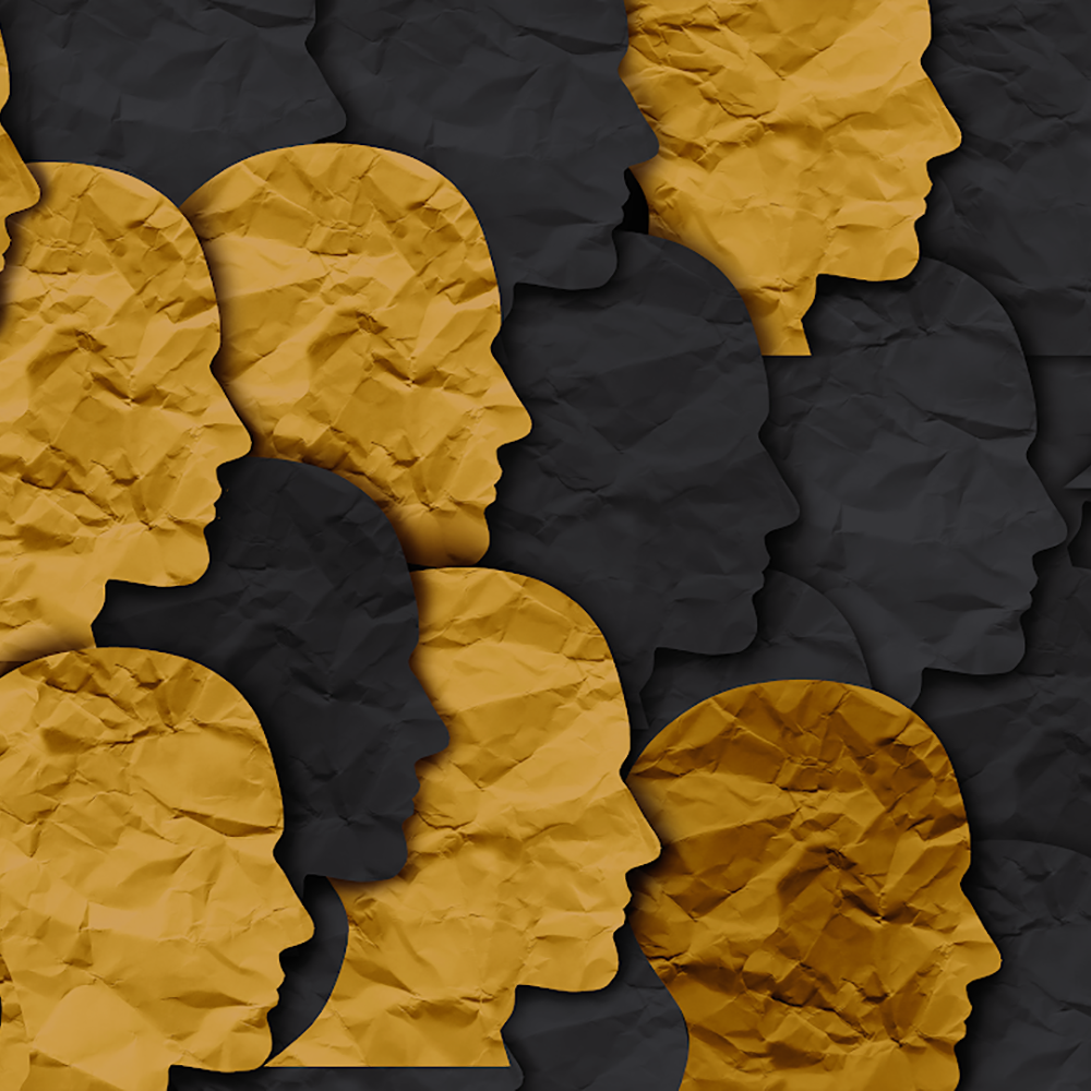 Silhouettes of people, some gold and some black, with a crumpled paper texture.