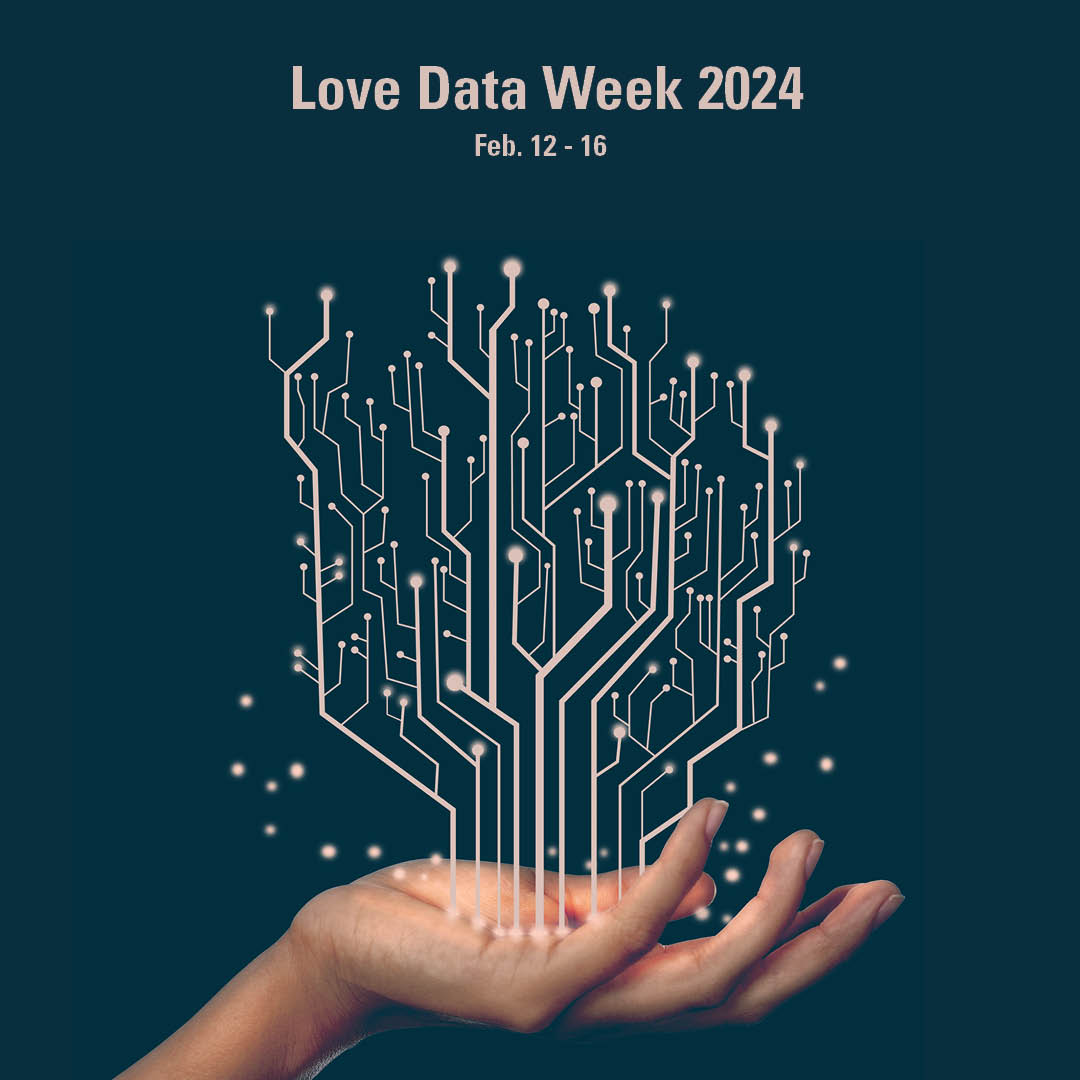 The image is a blue background with an open palm hand at the bottom with streams of data coming out of it in a somewhat tree formation with the words 
