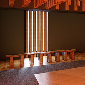 A phot of a room with wooden planks hanging vertically from the ceiling, and a waved bench in front of a window