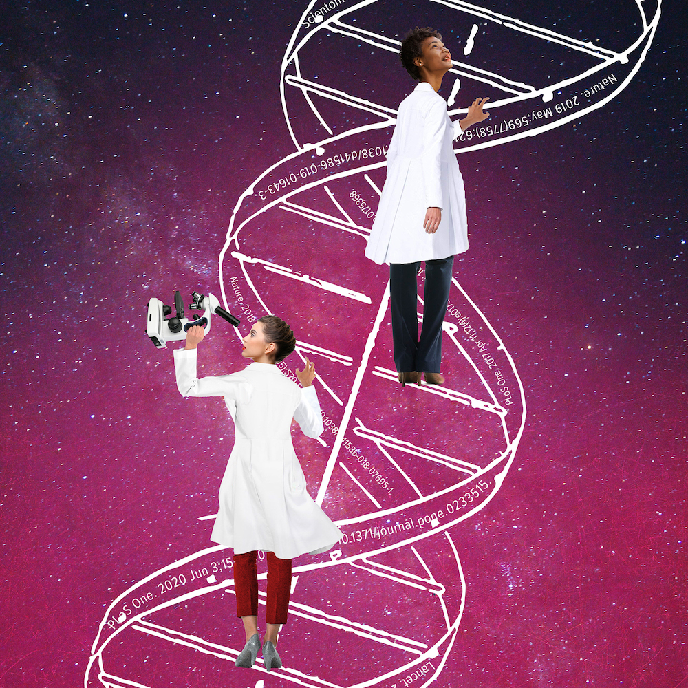 A collage image depicting a pink-tinted cosmos with a double-helix DNA ladder on which two female scientists of different races/ethnicities are climbing. The woman at the top looks upward. The woman below looks through a microscope. On the strands of the double helix are scientific journal citations.