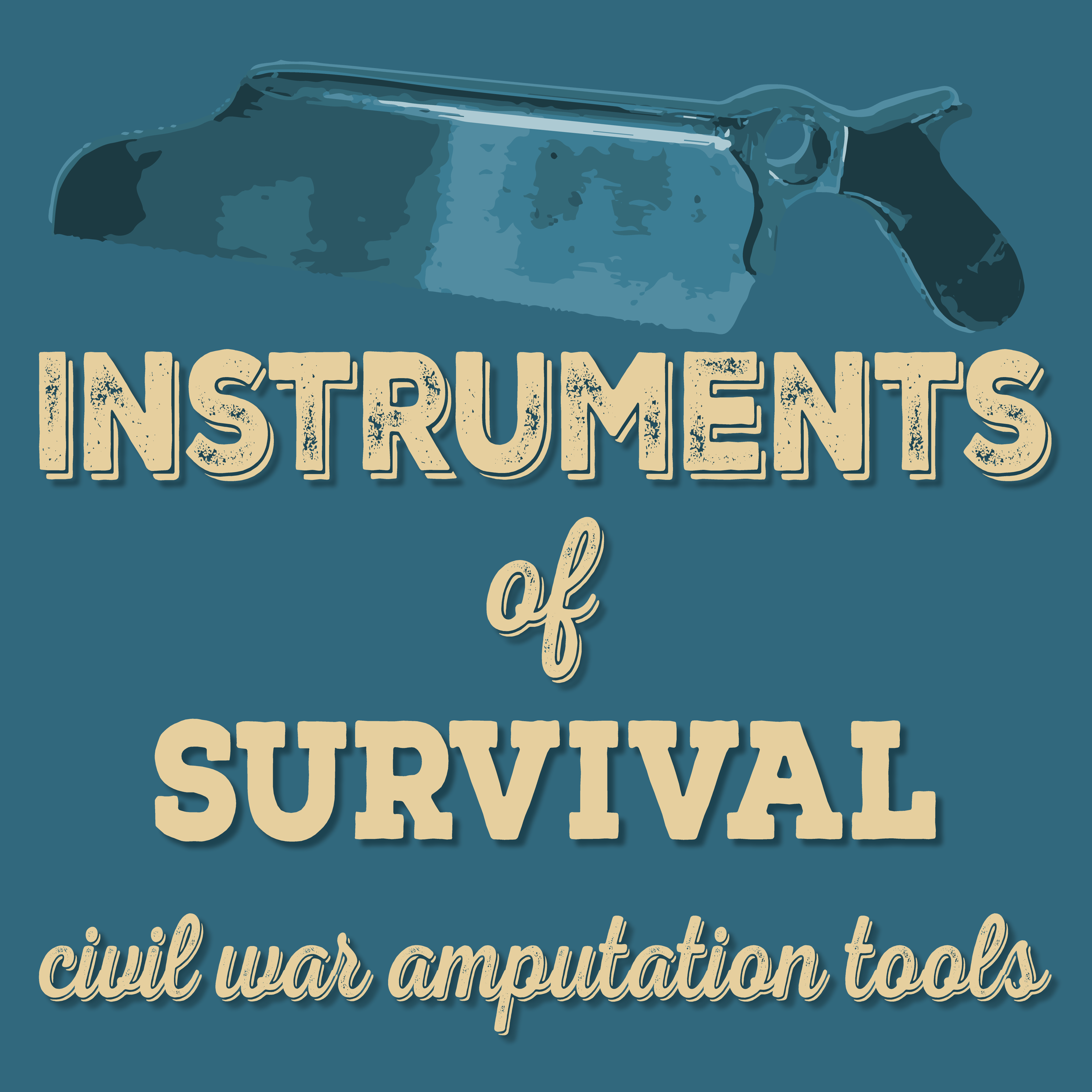 the image shows a half cleaver half gun above the words INSTRUMENTS OF SURVIVAL civil war amputation tools in yellow letters against a blue background