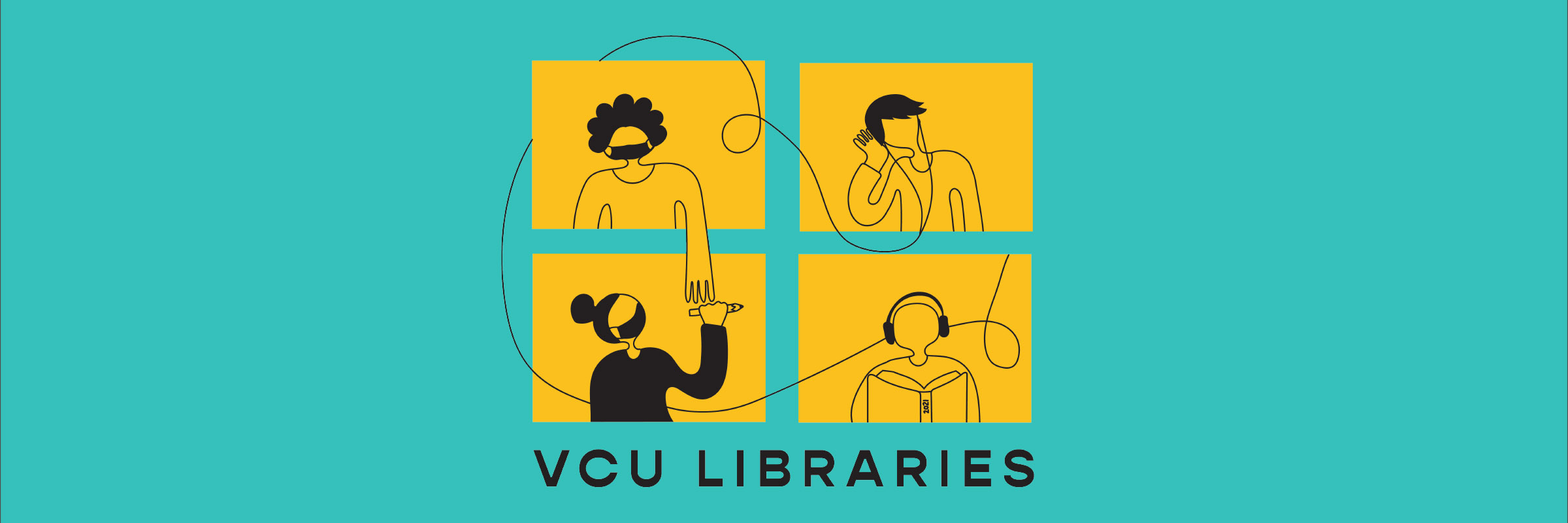 Four line drawing of people connected by headphone wires interacting on four VCU Gold squares on a teal background.