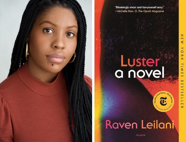 Portrait of Raven Leilani on the left and the cover of her novel, Luster, on the right