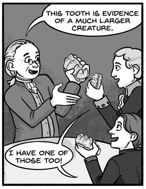 Panel from page 6 of Founding Monsters. Panel: One man holds up a giant fossil tooth and says, 