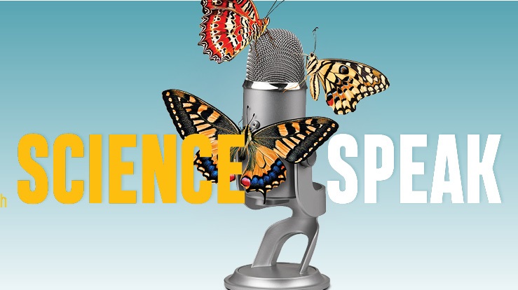 Jeff Bland illustration shows a metal microphone with butterflies flitting around it and perched on it. 