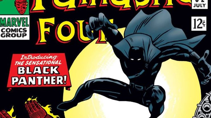 VCU Libraries' Comic Arts Collection holds more than 100 issues of “Black Panther” and related comics, including his first appearance in Fantastic Four No. 52 (July 1966). This image is a close-up of the Black Panther in that 1966 first appearance. 