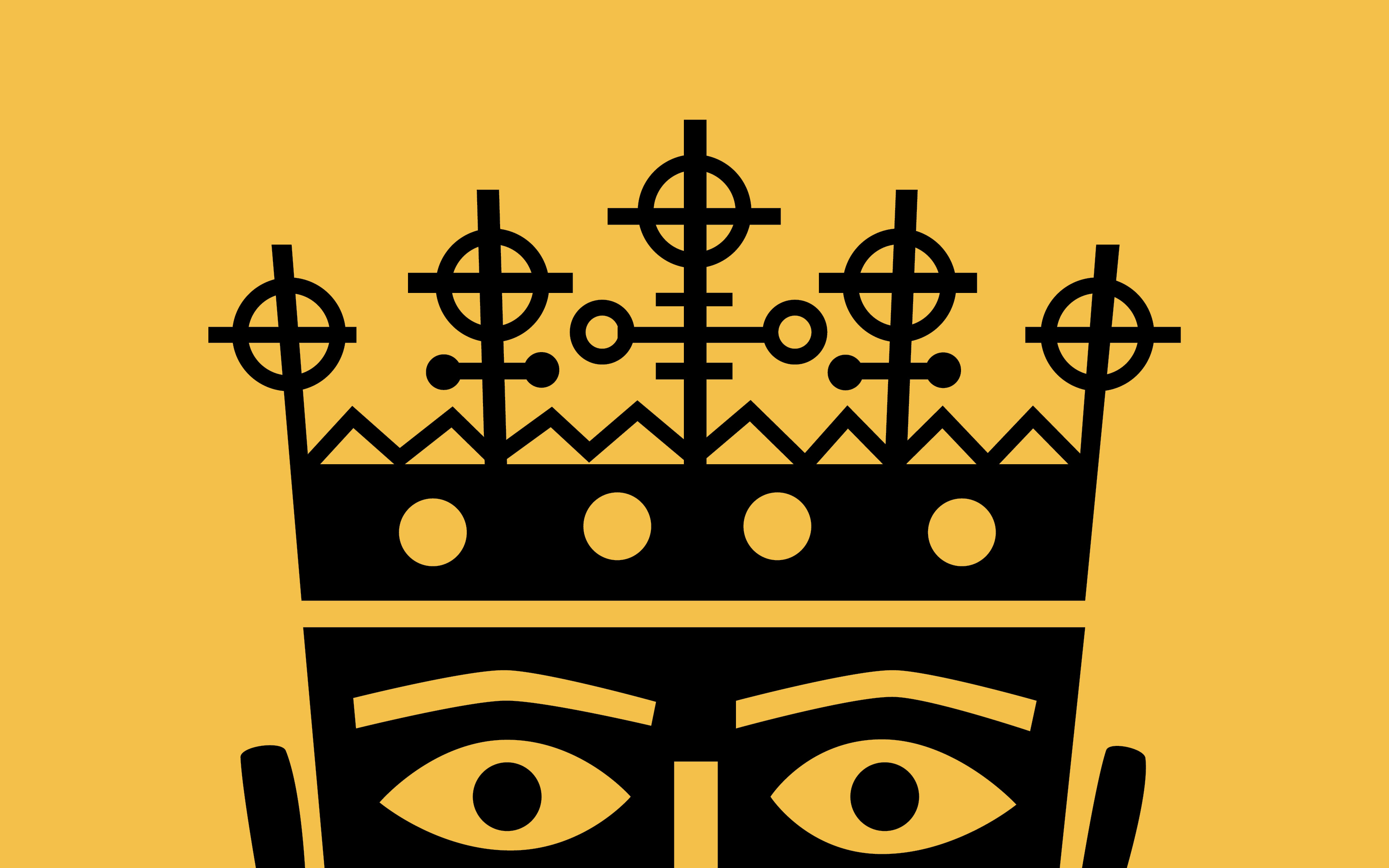 A graphic illustration of a head wearing a crown in black on a field of gold.