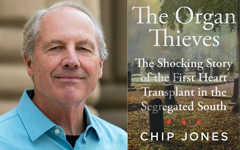 A portrait of Chip Jones and his book The Organ Thieves.
