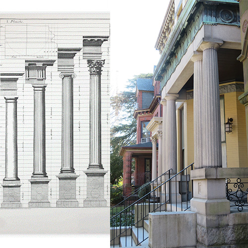 the image show an architectural black and white sketch of columns on one side, and a building with a black iron stair rails on the front porch showcasing similar columns made of stone