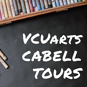 a photo with the works VCUarts Cabell Tours on a black background with painting supplies above