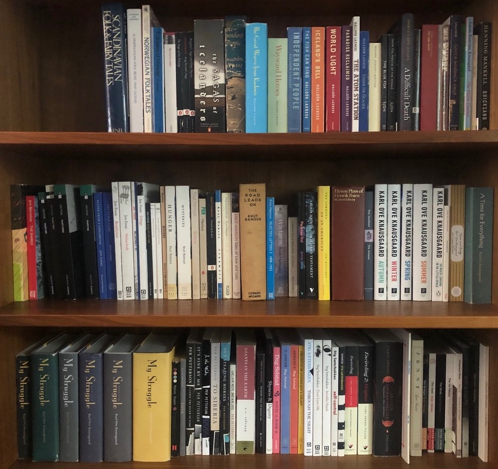 Bookshelves containing books from the collection of graduate student Tim Berge