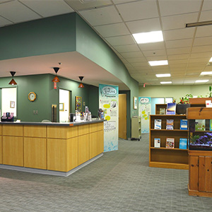an image of a desk area with a bookshelf full of health related books on the right side of the image