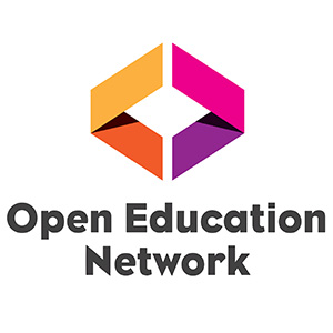 A logo shaped like a square with sides colored yellow, pink, orange, and purple with the words Open Education Network underneath in bold letters