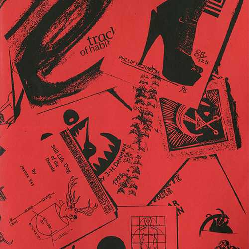 The image shows various snippets of book art in black layered over a red background