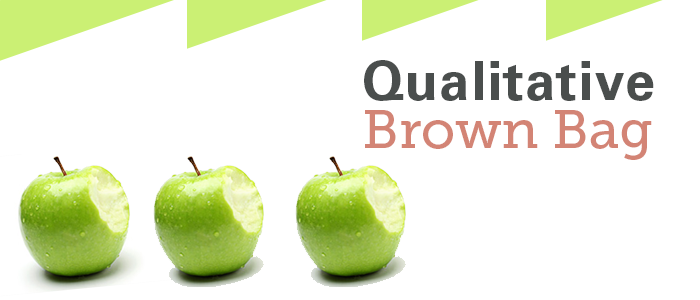 Text reads: Qualitative Brown Bag. Three green apples sit near the text with bites taken out of all three.