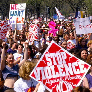 Women rallying outside DC in 1995 against domestic violence.