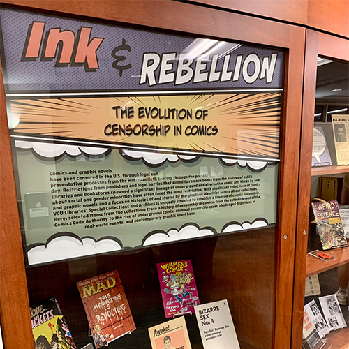 the image shows a display case with the title (Ink & Rebellion, the evolution of censorship in comics) against a colorful background of purple and orange, below are more comics with varying titles
