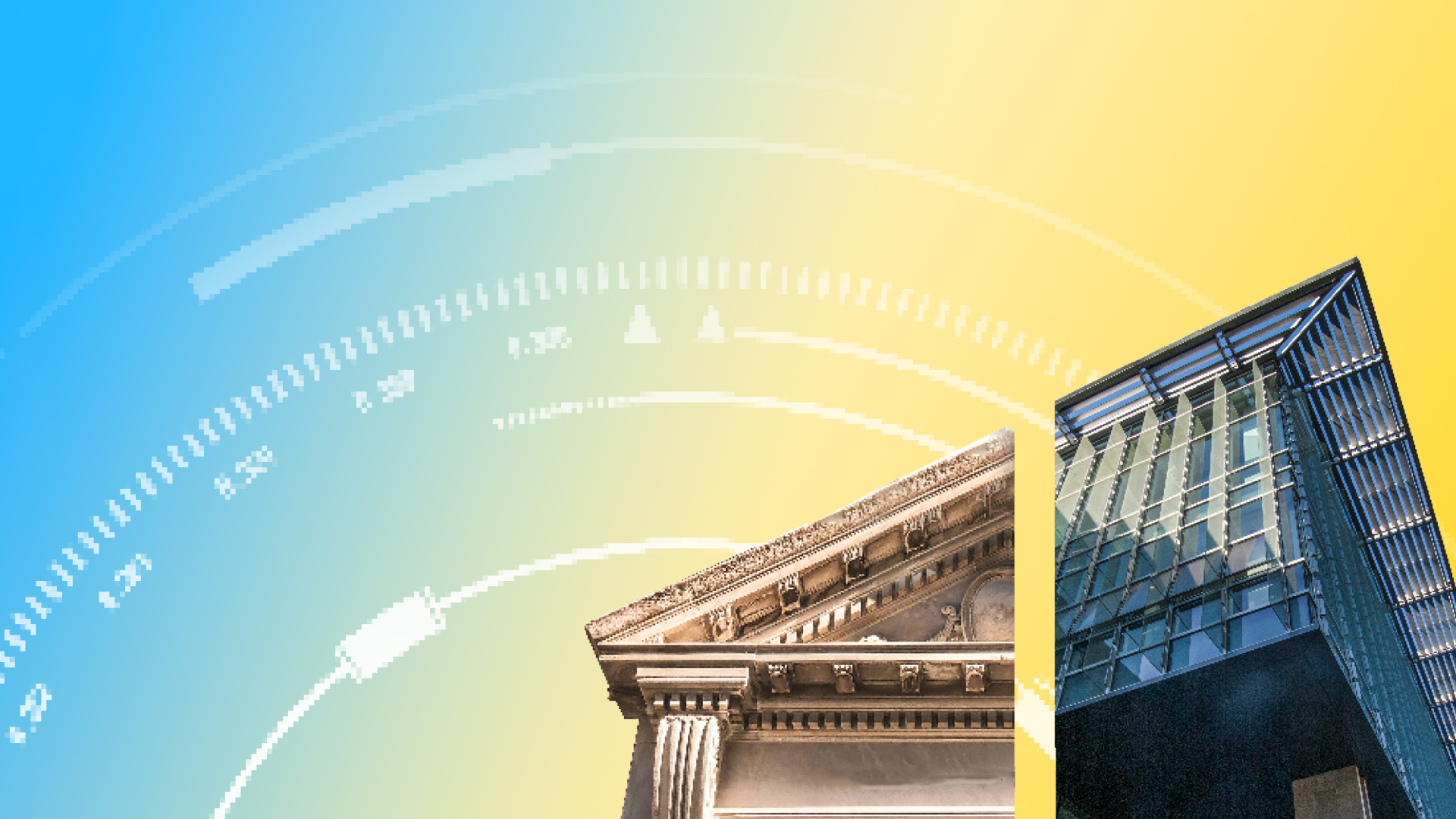 A collage of the Health Sciences and James Branch Cabell libraries with an arch background of blue and yellow.