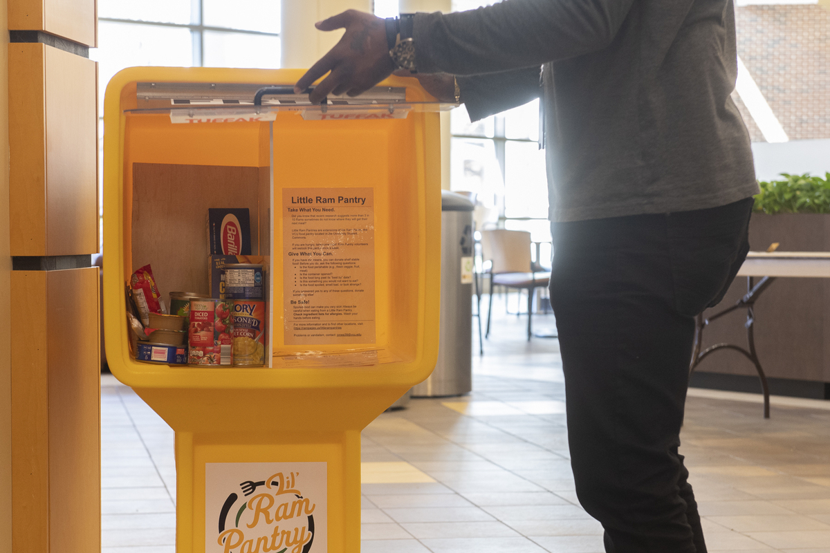 Launched last fall the Little Ram Pantries provide free food and toiletries to help address food insecurity among students. An additional six pantries have been installed this semester, including in Larrick Student Center on the MCV Campus. Photo by Thomas Kojcsich, University Marketing.