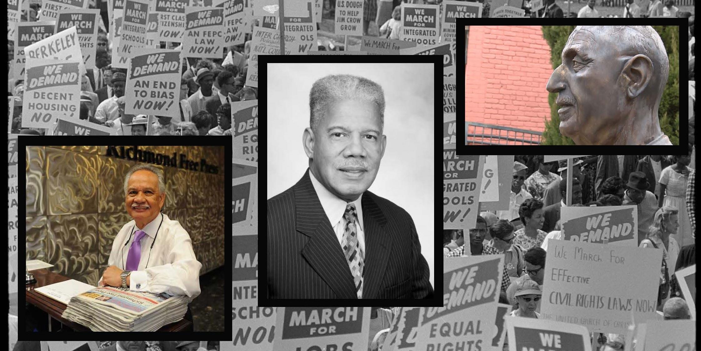 Three different images of men overlayed on civil rights march image.