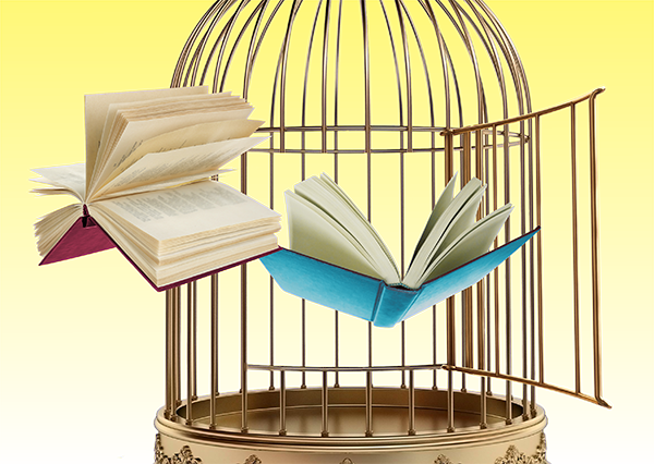 An open birdcage with books flying out of it in front of a yellow background. Art by Jeff Bland