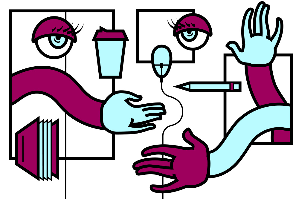A graphic design of hands with eyes, computer mice, coffee, books and pencils in burgundy and blue.