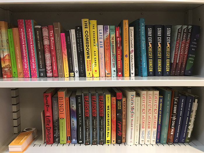 Two shelves of a bookshelf, containing a selection of books eligible for the 2019 VCU Cabell First Novelist Award
