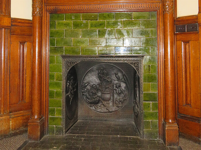 Millhiser House, Hall fireplace with the Three Witches from Macbeth