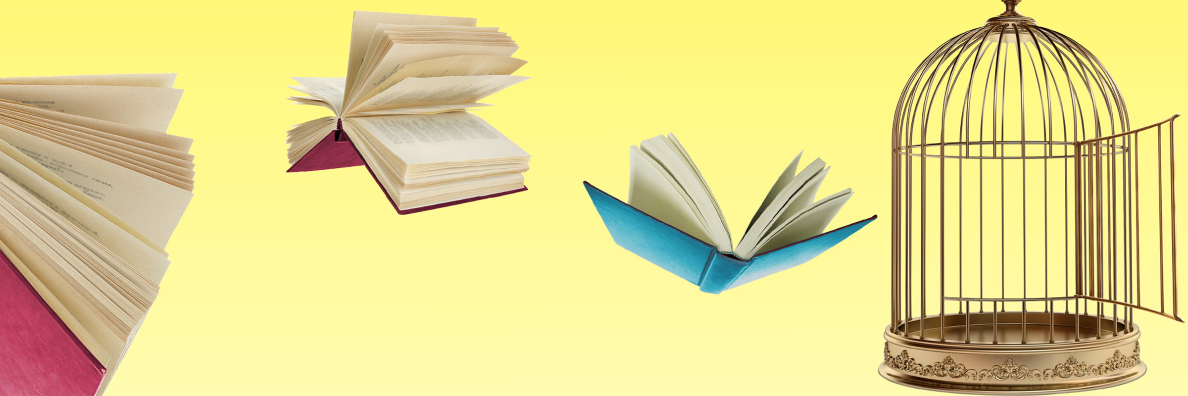 A yellow background with flying books and an open birdcage. Image created by Jeff Bland.
