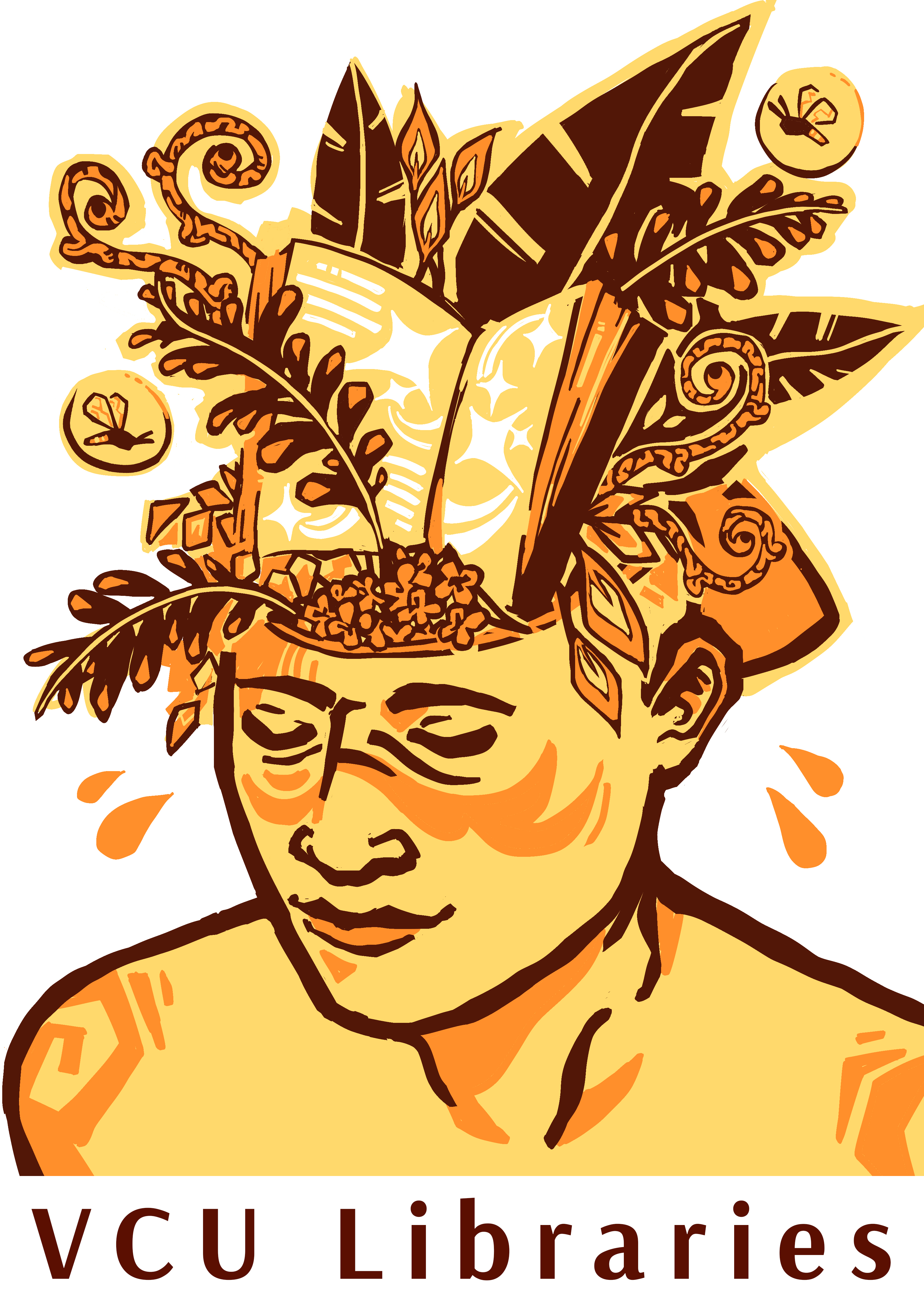 Artistic depiction of a person's face with elements like leaves and books emerging from their head, with