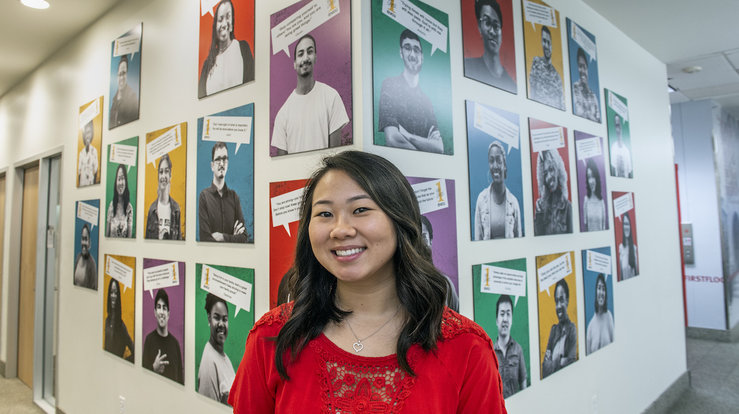 Amber Brown, a senior studying chemistry and anthropology, is one of 26 students featured in a new exhibit at James Branch Cabell Library that celebrates first-generation college students at VCU. (Photo by Kevin Morley, University Relations)
