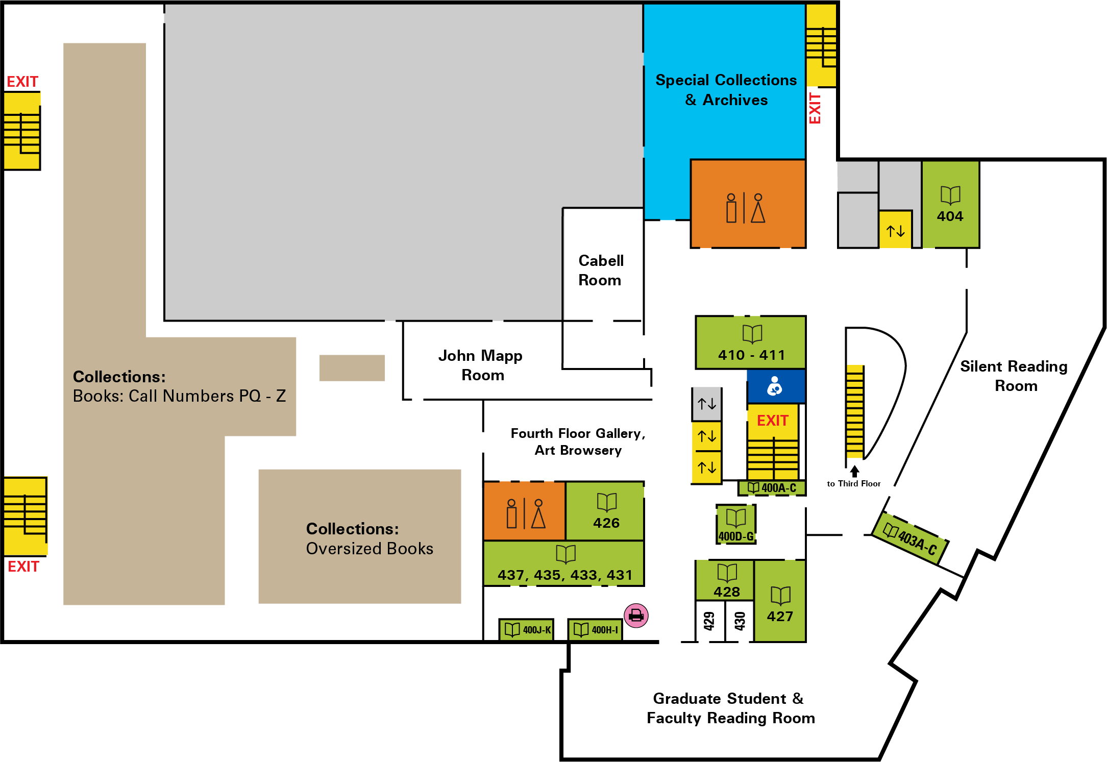 Floor map of the fourth floor of Cabell Library